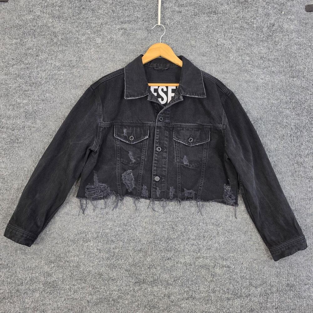Diesel Jacket Womens Large De Poppy Distressed Cropped Black Denim Grunge Punk